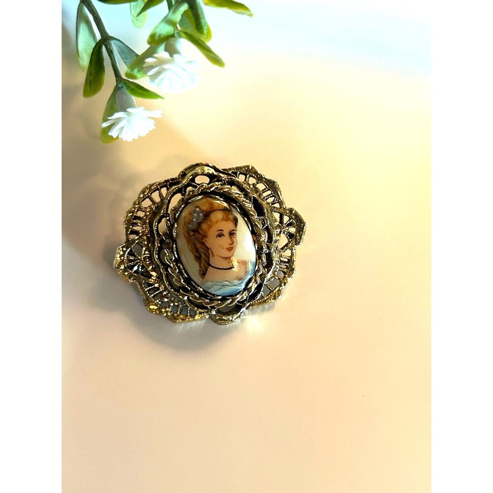 Vintage Intricate Painted Porcelain Lady in Blue Brooch Pin